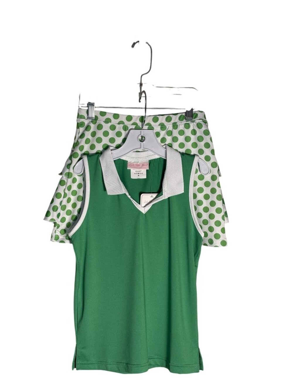 Green Polka Dot Ruffle Skort & Sleeveless Collared Top Tennis Set - Youth Medium